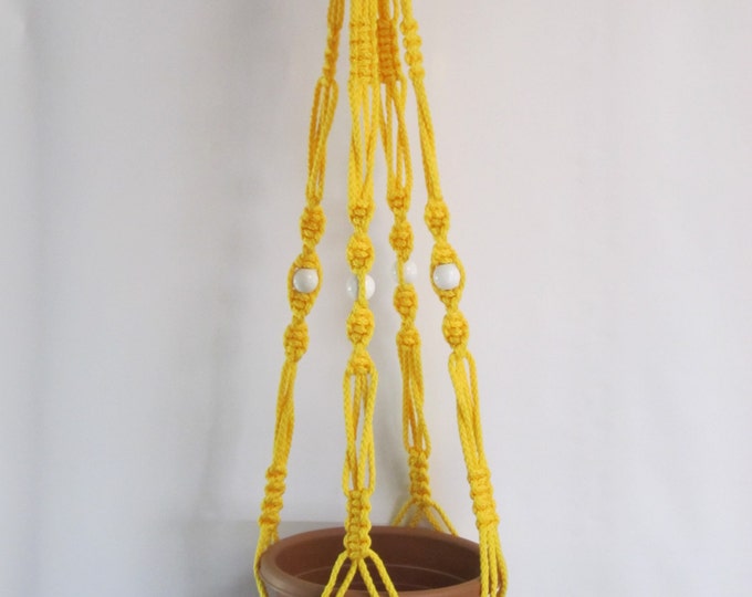 MACRAME Plant Hanger 40 inch Vintage Style 6mm Sunshine YELLOW cord with white BEADS - Choose Cord Color