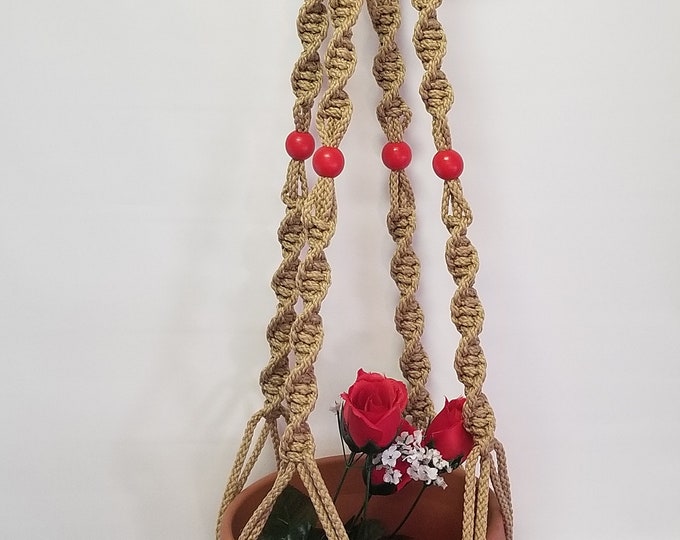 MACRAME Plant Hanger 40 inch Button Knot Style with RED BEADS - 6mm Sand cord (Choose Cord Color)