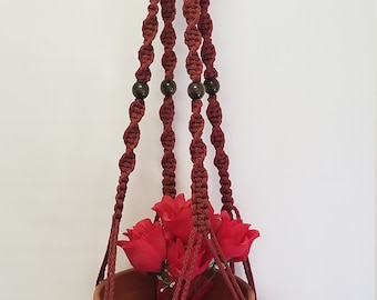 MACRAME Plant Hanger 36 inch Deluxe Style with BEADS - 6mm Cranberry Cord (Choose Cord Color)