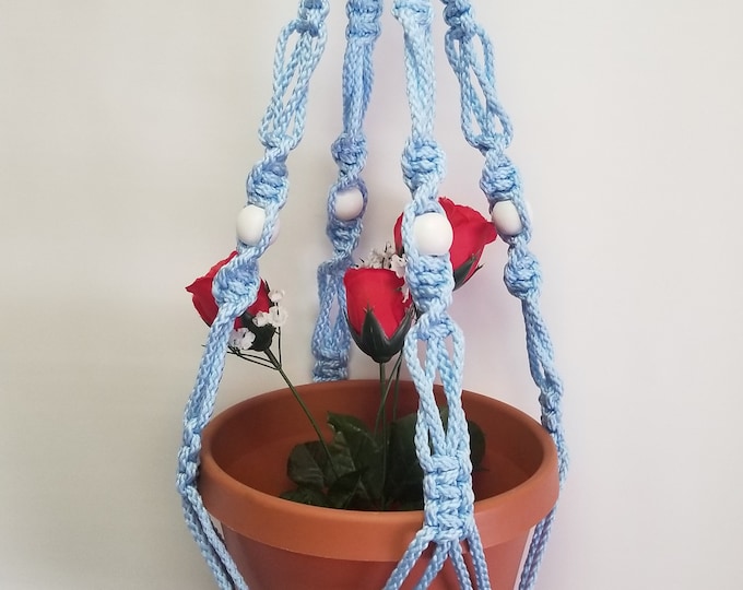 MACRAME Plant Hanger 30 inch Crown Style with WHITE BEADS and 6mm Sky Blue Cord (Choose Cord Color)