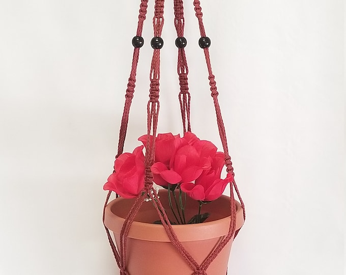 Macrame Plant Hanger 36 Inch Vintage Style 4mm  Cranberry Cord with BEADS - Choose Cord Color