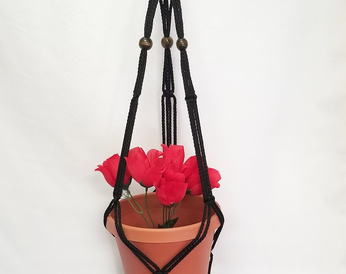 Macrame Plant Hanger 35 inch SIMPLE 3-ARM With Beads 6mm Black Cord pictured (Choose Cord Color)