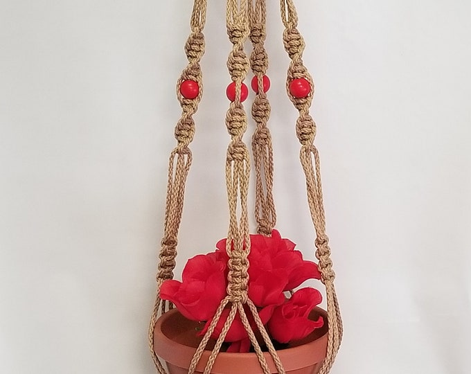 MACRAME Plant Hanger 40 inch Vintage Style  with RED BEADS  6mm Sand cord - Choose Cord Color