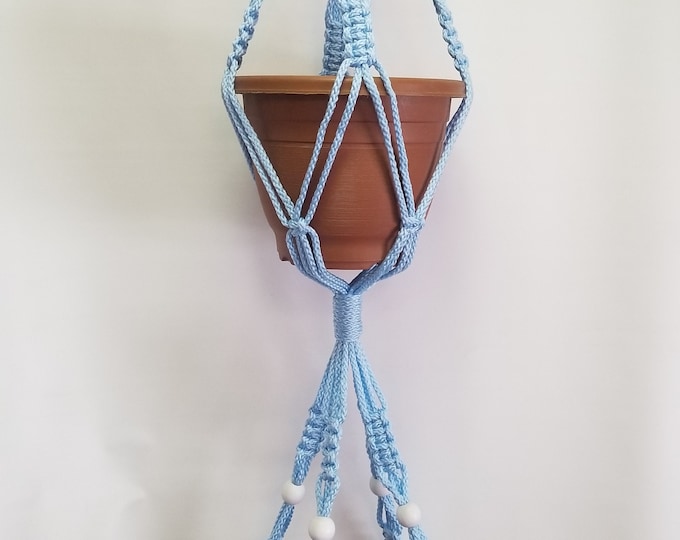 Macrame Plant Hanger 50 Inch 2-TIER with WHITE BEADS and 6mm Sky Blue Cord (Choose Cord Color) - Double Hanger