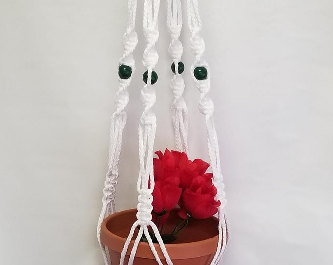 MACRAME Plant Hanger 40 Inch Vintage Style with BLACK BEADS - 6mm White Cord (Choose Cord Color)