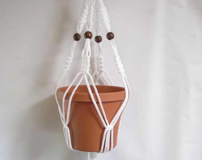 Macrame Plant Hanger 28 inch Vintage Style Beaded strong 6mm White Cord (Choose Cord Color)