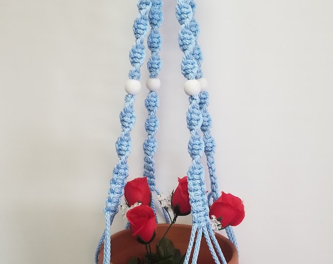 MACRAME Plant Hanger 36 inch Deluxe Style with White Beads and 6mm Sky Blue Cord (Choose Cord Color)