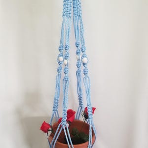 May include: A light blue macrame plant hanger with a terracotta pot holding red roses. The hanger is suspended from a gold ring and features white beads. The macrame design is intricate and decorative.