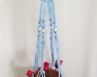 MACRAME Plant Hanger 44 inch Vintage Style with WHITE BEADS 6mm Sky Blue cord (Choose Cord Color)