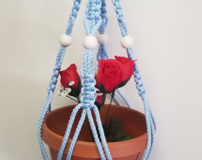 Macrame Plant Hanger 28 inch Vintage Style with WHITE BEADS and 6mm Sky Blue Cord (Choose Cord Color)