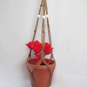 May include: A brown macrame plant hanger with white beads, holding a terracotta pot with red flowers.