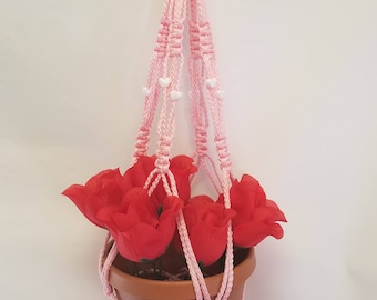 Macrame Plant Hanger 24 Inch Vintage Style with White HEART Beads 4mm Pink Cord  (Choose Cord Color)