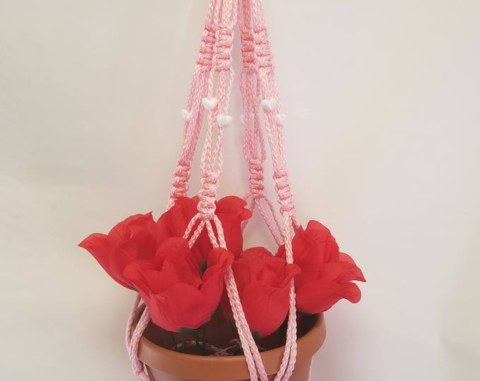 Macrame Plant Hanger 24 Inch Vintage Style with White HEART Beads 4mm Pink Cord  (Choose Cord Color)