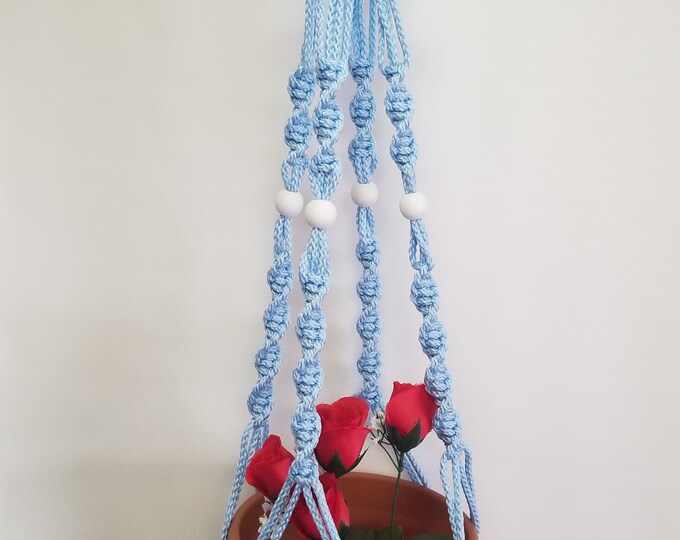 MACRAME Plant Hanger 40 inch Button Knot with WHITE BEADS - 6mm Sky Blue cord (Choose Cord Color)