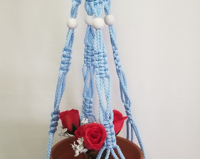 Macrame Plant Hanger 34 in Vintage Style with WHITE BEADS and 6mm Sky Blue Cord (Choose Cord Color)