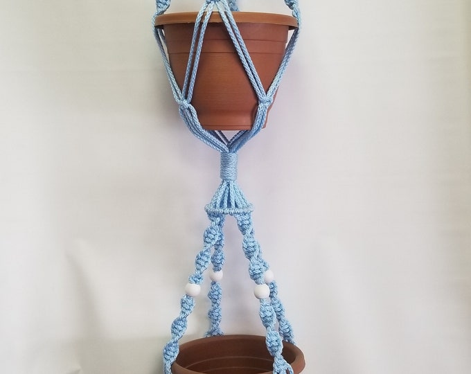 Macrame Plant Hanger 50inch 2-Tier Deluxe Style With WHITE BEADS And 6mm Sky Blue Cord (Choose Cord Color) - Double Hanger
