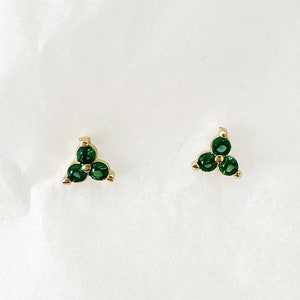 Small Green CZ Trio Stud Earrings: Gold Plated Sterling Silver