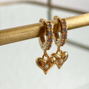 Opal and Gold CZ Heart Huggie Earrings, Heart Earrings, Opal Huggie Earrings image 3