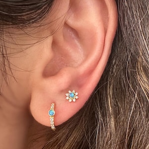 Blue Opal Sterling Silver Hoop Earrings, Opal Huggie Earrings, Gold CZ Huggies