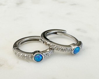 Blue Opal Sterling Silver Hoop Earrings: Gold CZ Huggies