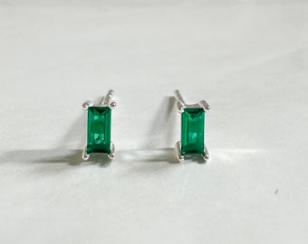 Green CZ Silver Baguette Stud Earrings, Silver Studs