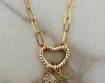 Gold Heart Charm Paperclip Necklace: Sun & Star Charms Valentines Day