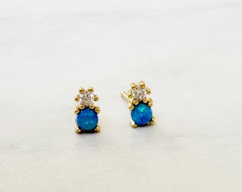 Blue Opal CZ Gold Stud Earrings, Opal Studs, Opal Earrings