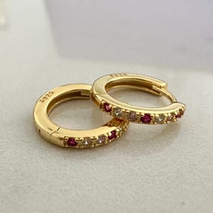Fuchsia and Light Pink Clear CZ Huggie Earrings, Small Gold Hoop Earrings, Round Hoop Earrings