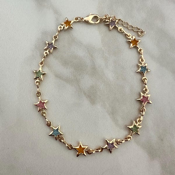 18k Gold Filled Star Bracelet: Multicolored Cubic Zirconia, Dainty Chain