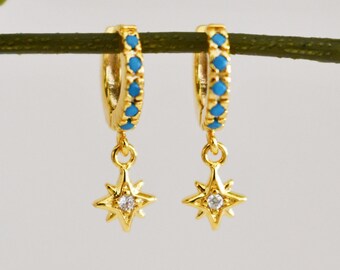 Turquoise and Gold CZ Star Huggie Earrings, Star Earrings, Turquoise Huggie Earrings