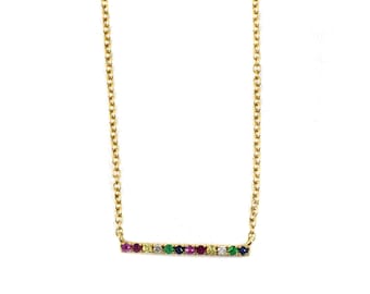 14k Gold Rainbow Sapphire Bar Necklace-Rainbow Necklace, Sapphire Necklace, Layering Necklace