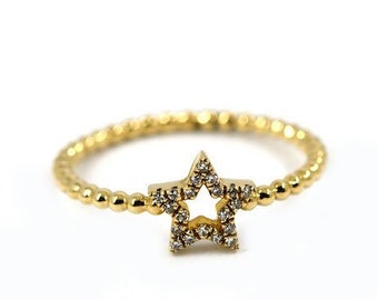 14k Gold Diamond Open Star Ring