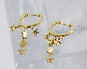 14k Gold Diamond Dangling Star Huggie Hoop Earrings