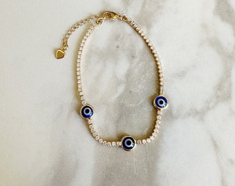 CZ Blue Evil Eye Gold Chain Bracelet, Layering bracelet, Evil Eye Jewelry