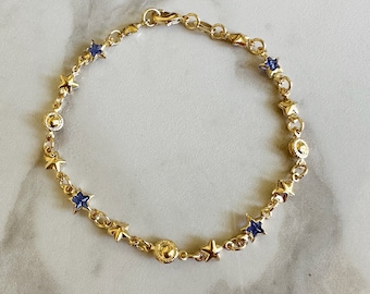 18k gold filled Blue and Gold Star Chain Bracelet, Dainty Bracelet