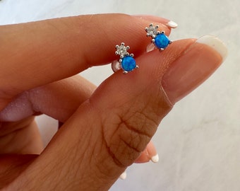 Blue Opal CZ Silver Stud Earrings, Opal Studs, Opal Earrings