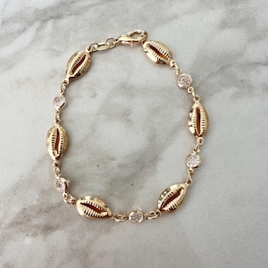 18k Gold Filled Cowrie Shell Bracelet: CZ Dainty Beach Jewelry
