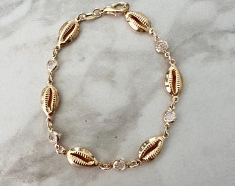 18k Gold Filled Cowrie Shell Bracelet: CZ Dainty Beach Jewelry