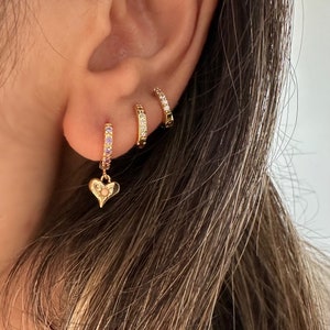 Opal and Gold CZ Heart Huggie Earrings, Heart Earrings, Opal Huggie Earrings image 2