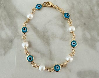 Turquoise Evil Eye Bracelet: Pearl Gold Filled Chain, Layering Jewelry