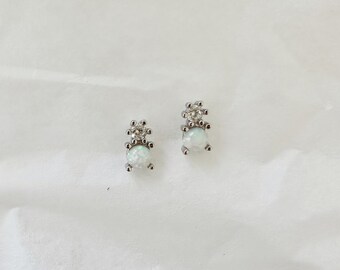 White Opal CZ Silver Stud Earrings, Opal Studs, Opal Earrings