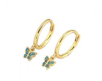 Gold Turquoise CZ Butterfly Hoop Earrings, Butterfly Earrings