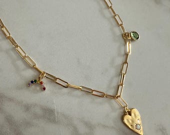 Gold Paperclip Chain Necklace: Rainbow, Heart & Green CZ Charm Valentines Day