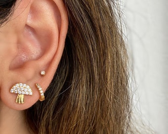 Gold CZ Mushroom Stud Earrings, Mushroom Earrings, Gold Studs