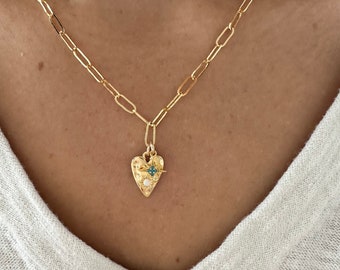 Gold Heart with Star Charm Chain Necklace-Heart Necklace, Statement Jewelry, Gold Chunky Necklace
