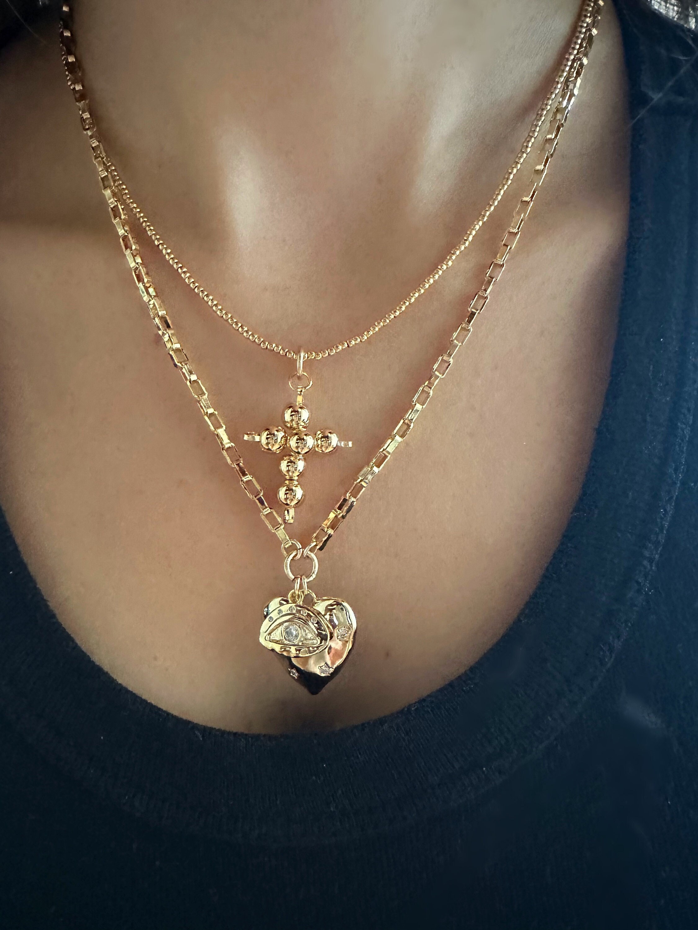 VVV☆ANGEL FLOWER MIX BEADS CROSS CHAIN NECKLACE Rhinestone-Cross-and-heart-