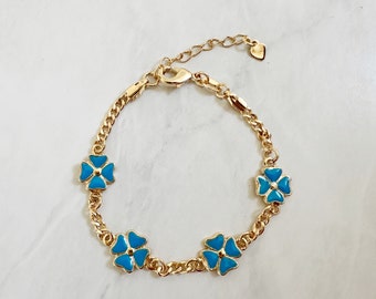 18k gold filled Turquoise and Gold Clover Chain Bracelet, Dainty Bracelet