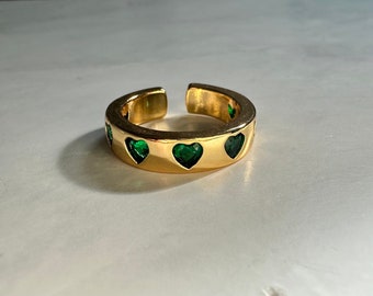 Green CZ Gold Heart Ring, Statement Ring, Heart Jewelry