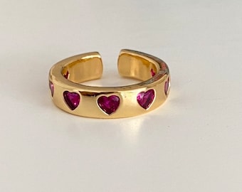 Fuchsia Pink CZ Gold Heart Ring, Statement Ring, Heart Jewelry