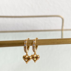 Opal and Gold CZ Heart Huggie Earrings, Heart Earrings, Opal Huggie Earrings image 4